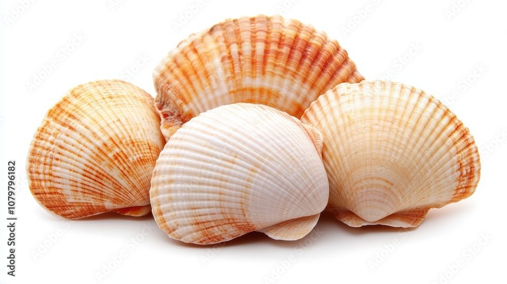 Shells of Scallops with Smooth Texture and Subtle Stripes, Displaying Natural Patterns and Colors on a White Background for Culinary Inspiration and Oceanic Themes Shells of Scallops with Smooth Texture and Subtle Stripes, Displaying Natural Patterns and Colors on a White Background for Culinary Inspiration and Oceanic Themes