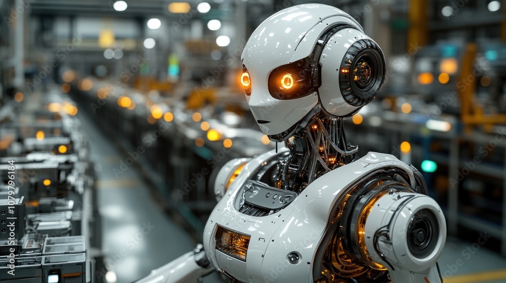 Futuristic robot in a high-tech industrial setting. Futuristic robot in a high-tech industrial setting.