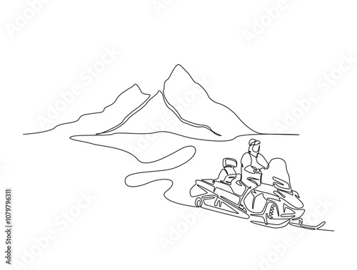 Continuous one line drawing of snowmobile extreme sport in mountain landscape background. Editable vector.