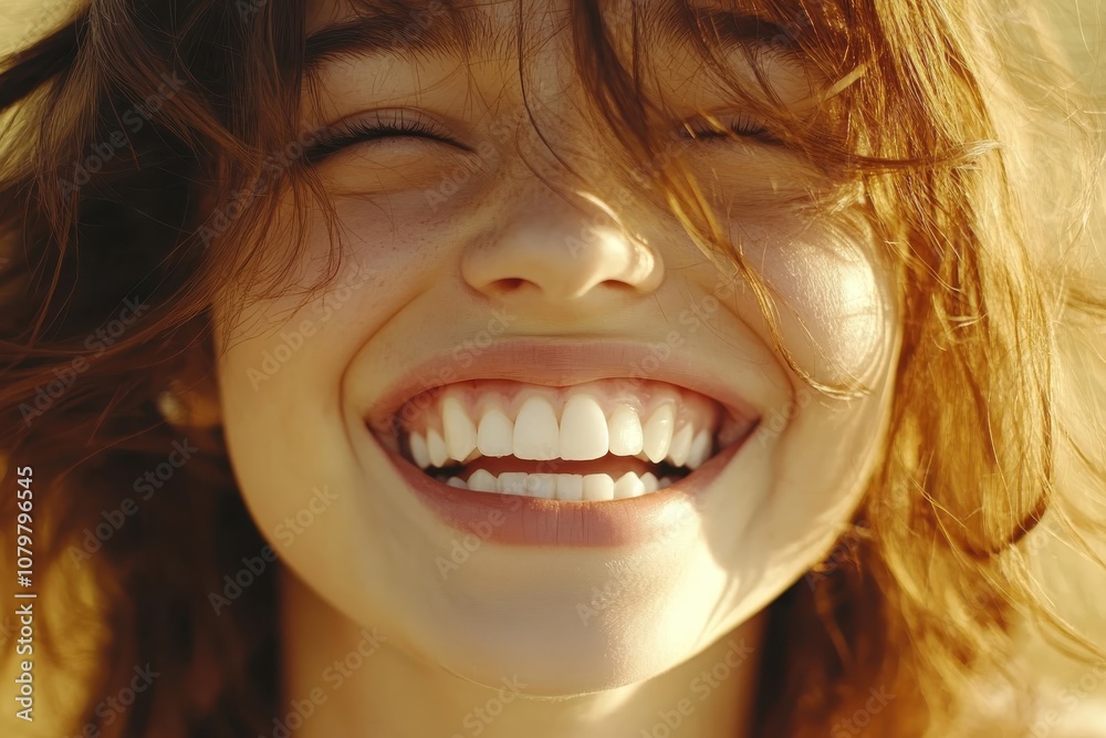 Close-up of a person smiling brightly with sunlight in the background, expressing joy and happiness. Close-up of a person smiling brightly with sunlight in the background, expressing joy and happiness.