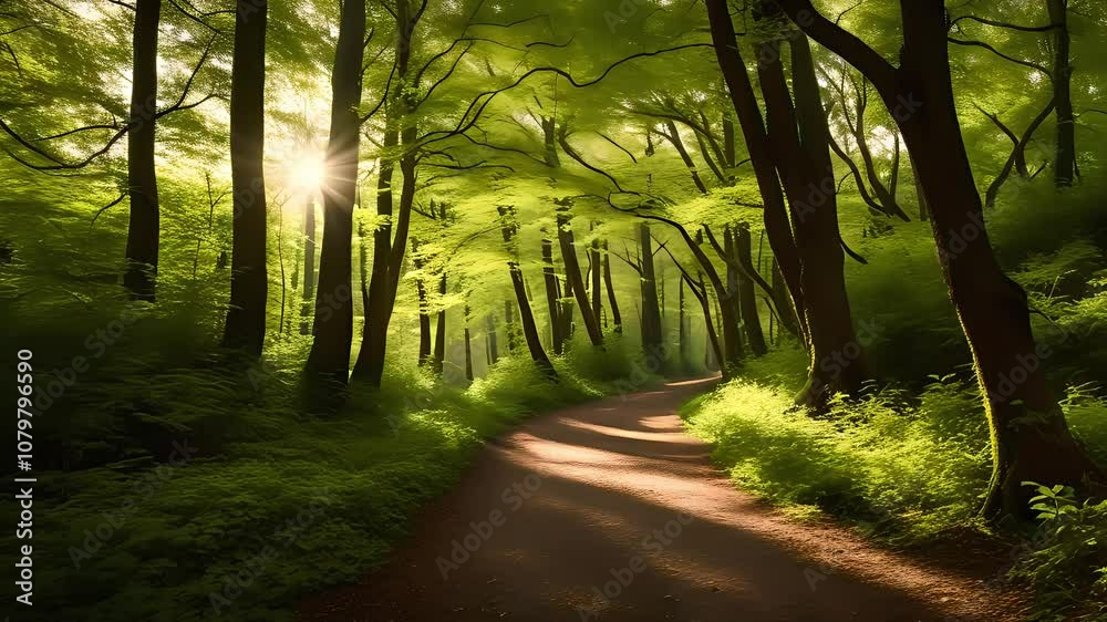 Sunbeams Through Trees on a Winding Forest Path Sunbeams Through Trees on a Winding Forest Path