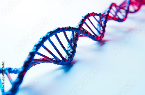 Close-up of a DNA double helix, blue and red colors on a white background.