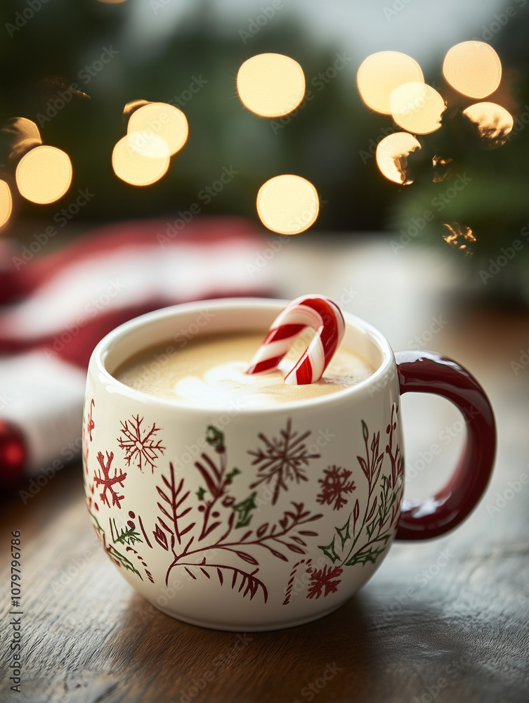 Fototapeta premium Christmas themed coffee mug with candy canes, holiday cappuccino, Christmas concept background