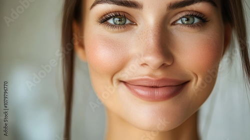 Close-up portrait of a smiling woman with natural makeup and bright eyes, exuding confidence.