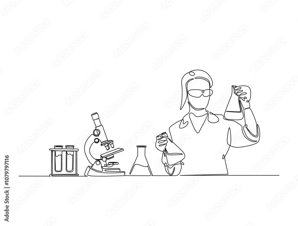 Continuous one line drawing of scientist holds flashk in labs with microscope and laboratory equipment . Editable vector. Continuous one line drawing of scientist holds flashk in labs with microscope and laboratory equipment . Editable vector.