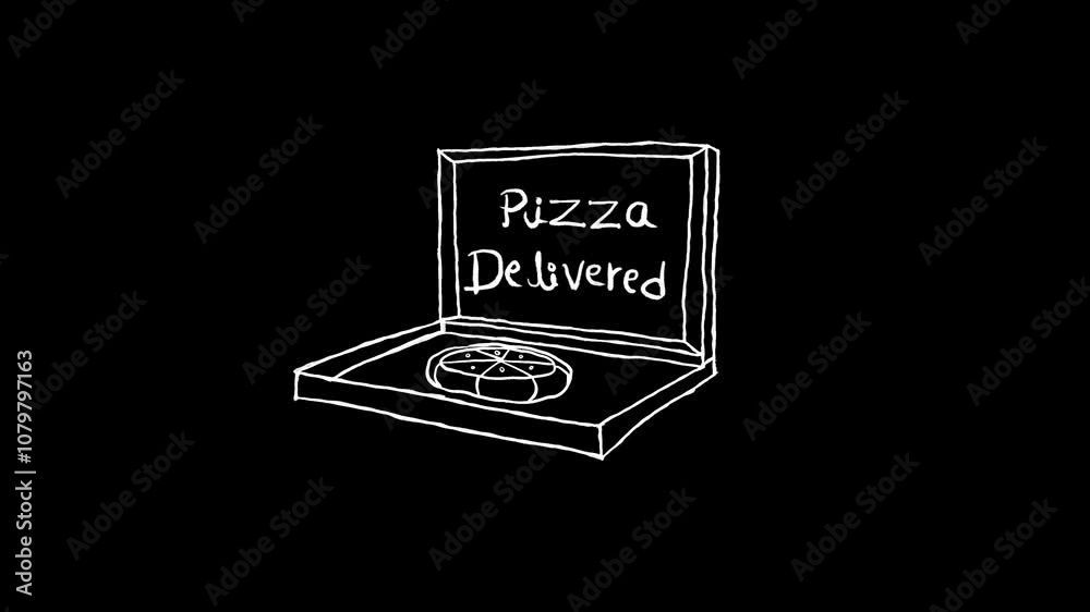 Hand drawn illustration of an open pizza box with a pizza inside, with the words Hand drawn illustration of an open pizza box with a pizza inside, with the words