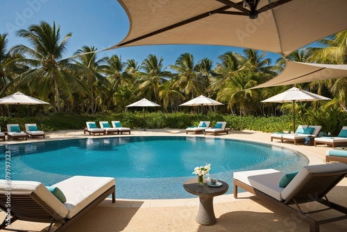 Luxurious Lagoon Poolside Oasis with Cozy Loungers and Shade Sails Surrounded by Golden Sands and Crystal Clear Waters