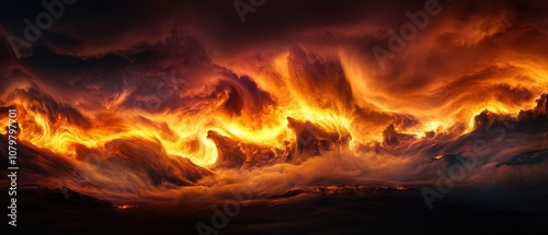 Dramatic fiery clouds in the sky at sunset