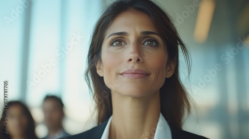 Confident businesswoman with a serene look standing in a modern office setting.