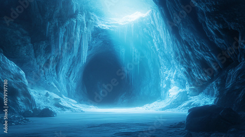 mystical blue ice cave entrance with glowing light  background illustration