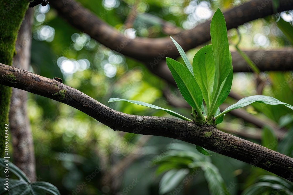 Isolated Green Plant Thriving on Twisted Jungle Branch