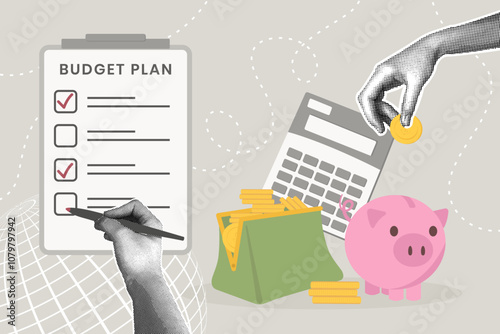 Fashionable halftone collage. Financial planning concept, calculating profit, savings,savings protection, budget plan,financial security, financial analyst. Illustration for web banner