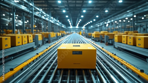 Yellow Box Moving Along a Conveyor Belt in a Warehouse