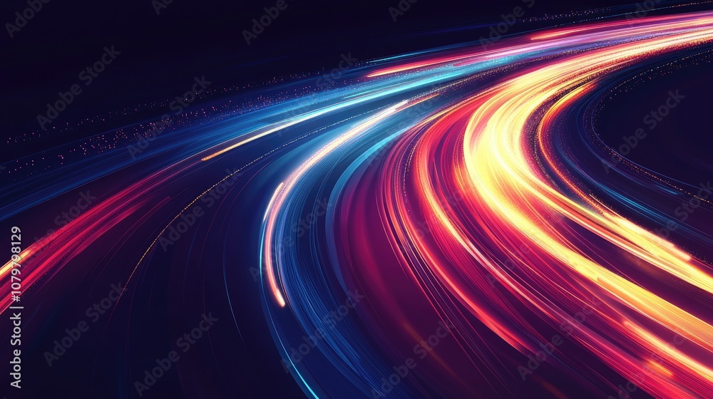 Abstract light trails in red, blue, and yellow, creating a dynamic, curved shape on a dark background. Abstract light trails in red, blue, and yellow, creating a dynamic, curved shape on a dark background.