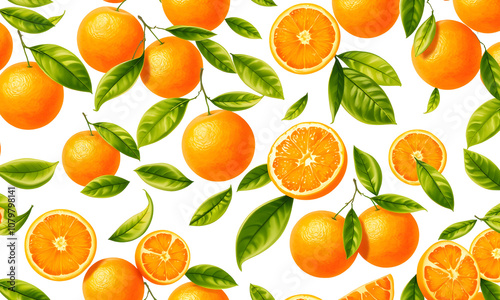A seamless pattern of whole oranges, leaves, and slices, bright orange and green with transparent spaces in between