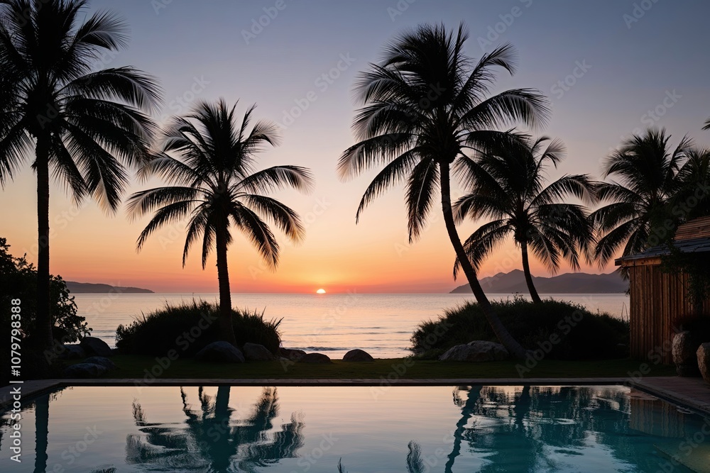 Obraz premium Coastal Escape to a Serene Oasis with Palm Trees Silhouetted at Sunset