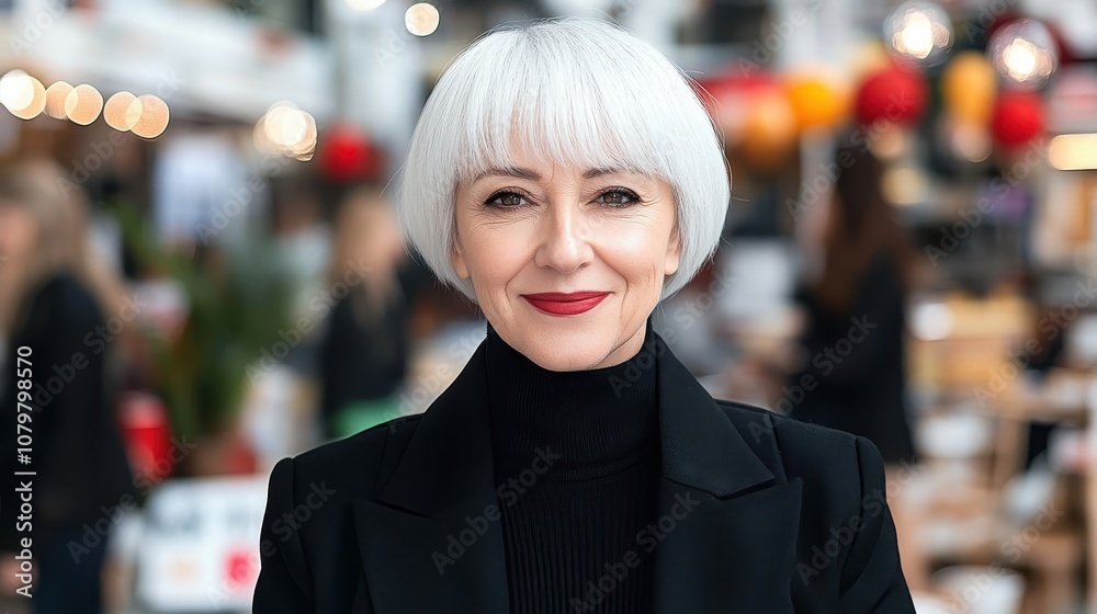 Fototapeta premium Confident woman with white bob haircut, smiling in a busy market setting. Fashionable black outfit.