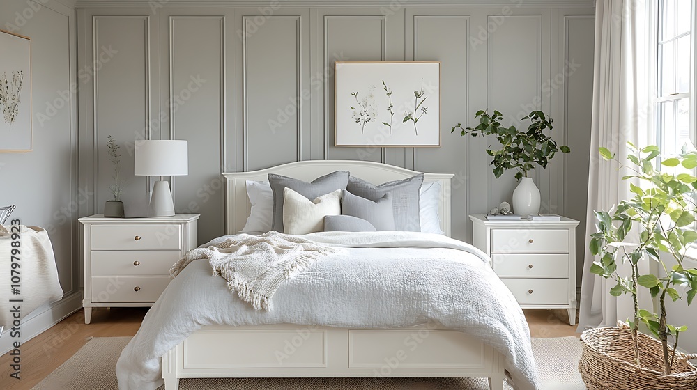 A serene bedroom in a modern classic style, with light gray walls, soft crown molding, a classic white dresser, and modern art accents, creating a peaceful and elegant atmosphere --ar 16:9 A serene bedroom in a modern classic style, with light gray walls, soft crown molding, a classic white dresser, and modern art accents, creating a peaceful and elegant atmosphere --ar 16:9