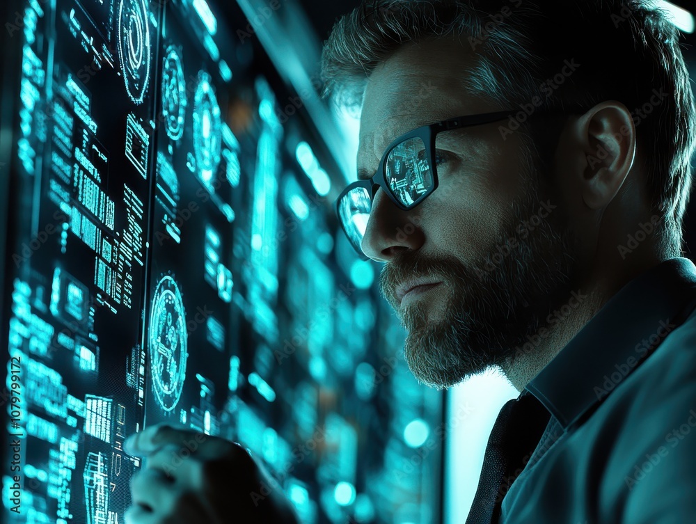Focused man analyzes complex data on futuristic digital interface in tech environment. Focused man analyzes complex data on futuristic digital interface in tech environment.