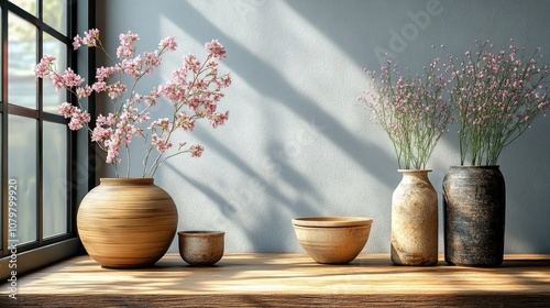 Minimalist wooden table with two ceramic vases filled with pink flowers, a wooden bowl and a small ceramic cup near a window.