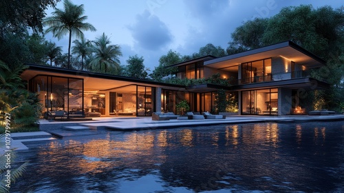 Modern villa by a pool surrounded by lush greenery at dusk.