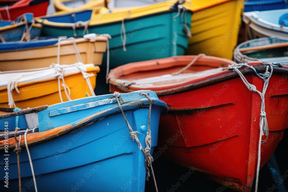 A colorful row of small boats with ropes tied to them are stacked in a harbor. A colorful row of small boats with ropes tied to them are stacked in a harbor.