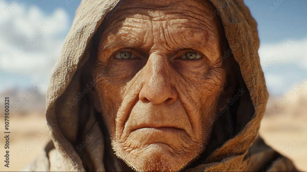 Close-up portrait of a weathered elderly man with intense eyes, wearing a hooded robe against a desert backdrop. Close-up portrait of a weathered elderly man with intense eyes, wearing a hooded robe against a desert backdrop.