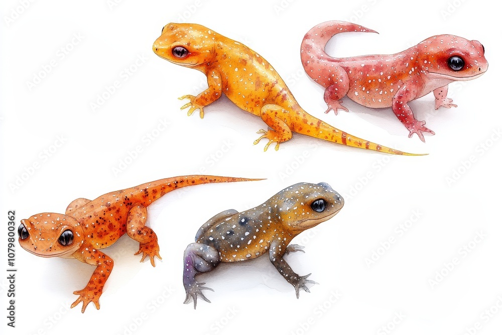 Obraz premium A collection of colorful, realistic-looking gecko-like creatures on a white background.