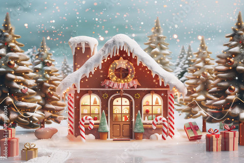 ジンジャーブレッドハウス、クリスマス、お菓子の家、ホリデーシーズン、雪景色、キャンディケーン、ファンタジー、冬、クリスマスデコレーション、かわいい家、プレゼント、イルミネーション、ツリー、冬の森、夢のある風景、甘い家、雪、童話風、ギフトボックス photo