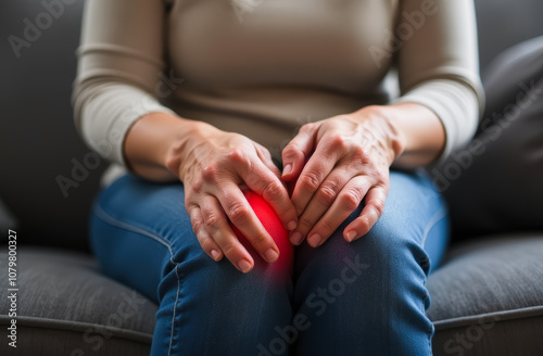 Elderly woman with knee joint pain photo