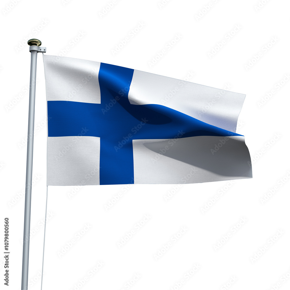 Finland flag on a pole waving isolated on white background Finland flag on a pole waving isolated on white background