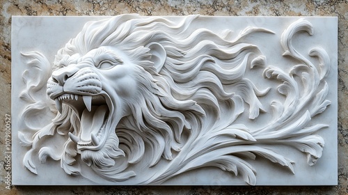White Marble Relief Sculpture of a Roaring Lion's Head with Floral Motifs
