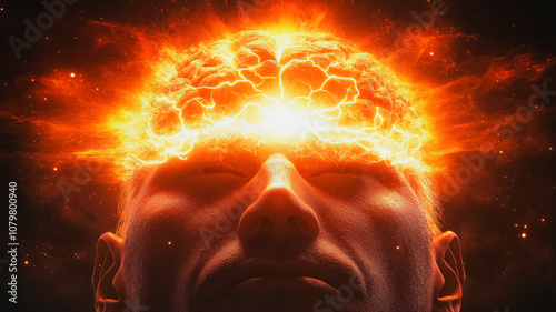 A man's head is on fire, with a bright light shining on it. Concept of danger and destruction, as if the man's brain is being consumed by the flames photo