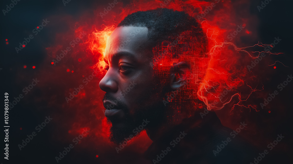 A man with a beard and a black shirt is shown in a red background. The man's face is obscured by the red smoke, giving the impression of a futuristic or dystopian setting A man with a beard and a black shirt is shown in a red background. The man's face is obscured by the red smoke, giving the impression of a futuristic or dystopian setting