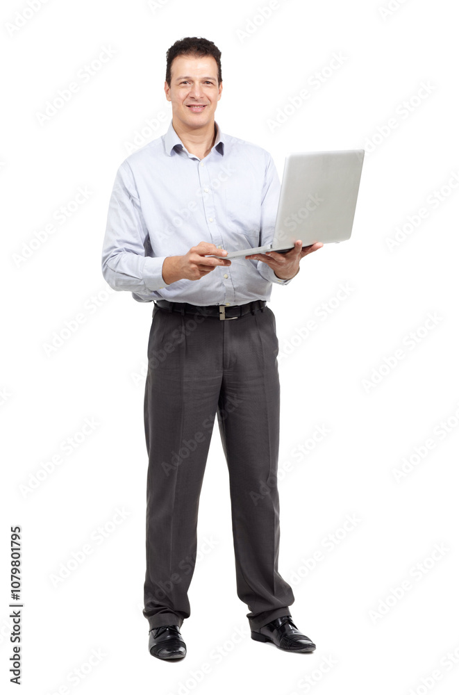 Businessman, laptop and portrait in studio for communication, client networking or company research. Employee, technology and smile on white background for revenue report, information or project news