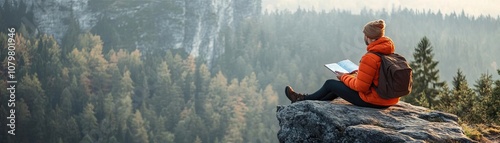 A traveler writing in their journal while sitting on a cliff edge photo