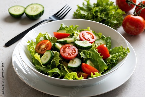 Refreshing Salad Bowl with Crisp Lettuce Juicy Tomatoes and Crunchy Cucumbers on White Plate