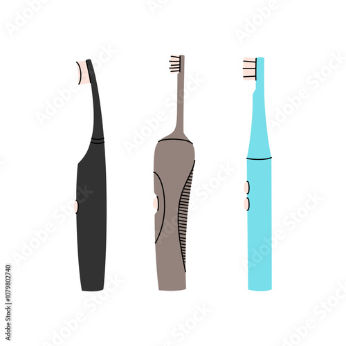 Electric toothbrushes vector set. Dentistry concept, oral care. Different toothbrushes designs. Teeth cleaning accessories. Colorful vector set isolated on a white background