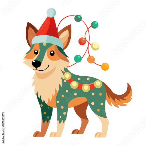  Festive Aussie: A cheerful Australian Shepherd dog decked out in a festive Christmas hat and lights.  