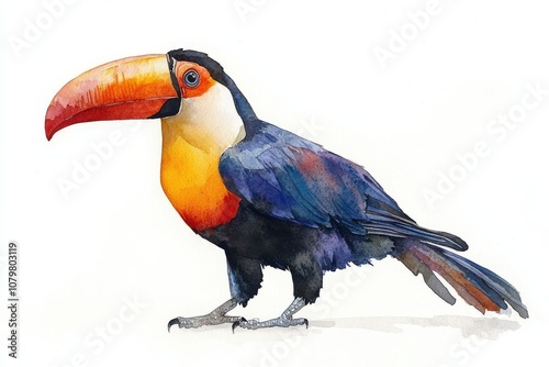 A colorful watercolor illustration of a toucan with a vibrant beak and plumage.