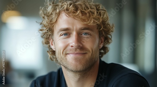 Portrait of a smiling man with curly blond hair and a beard