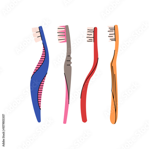 Toothbrushes vector set. Dentistry concept, oral care. Different toothbrushes designs. Teeth cleaning accessories. Colorful vector set isolated on a white background