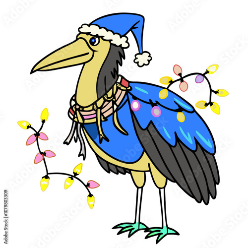  Festive Bird in Santa Hat: A cheerful bird adorned with a blue Santa hat and Christmas lights, radiating holiday spirit. Perfect for festive greetings, cards, and social media posts.  