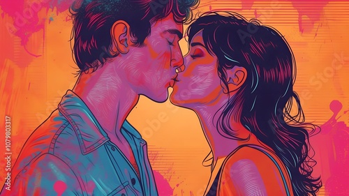 Colorful Pop Art Illustration of a Romantic Kiss Between Couple