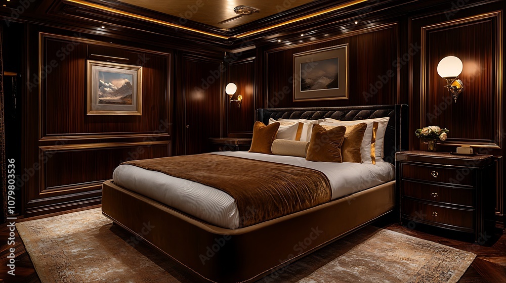 An elegant bedroom with Art Deco influences, featuring a velvet-upholstered bed, dark wood paneling, golden art pieces, and intricate lighting, giving the space a refined, vintage glamour --ar 16:9 An elegant bedroom with Art Deco influences, featuring a velvet-upholstered bed, dark wood paneling, golden art pieces, and intricate lighting, giving the space a refined, vintage glamour --ar 16:9