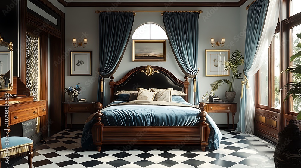 An elegant Art Deco bedroom with bold black and white floor tiles, dark wood furniture, golden accents, and plush blue velvet curtains, creating a sophisticated, vintage-inspired atmosphere --ar 16:9 An elegant Art Deco bedroom with bold black and white floor tiles, dark wood furniture, golden accents, and plush blue velvet curtains, creating a sophisticated, vintage-inspired atmosphere --ar 16:9