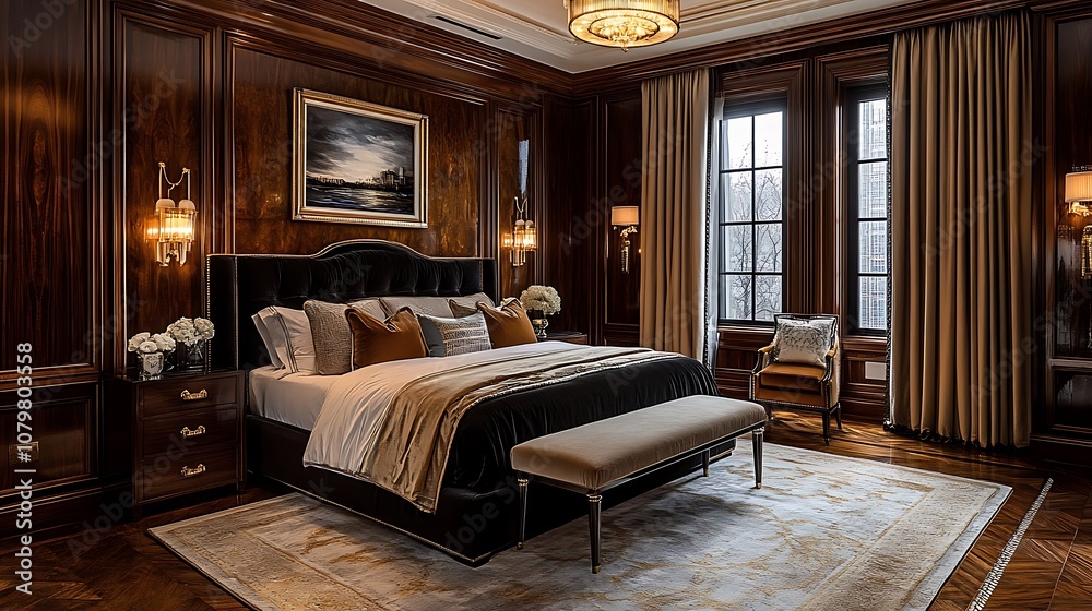 An elegant bedroom with Art Deco influences, featuring a velvet-upholstered bed, dark wood paneling, golden art pieces, and intricate lighting, giving the space a refined, vintage glamour --ar 16:9 An elegant bedroom with Art Deco influences, featuring a velvet-upholstered bed, dark wood paneling, golden art pieces, and intricate lighting, giving the space a refined, vintage glamour --ar 16:9