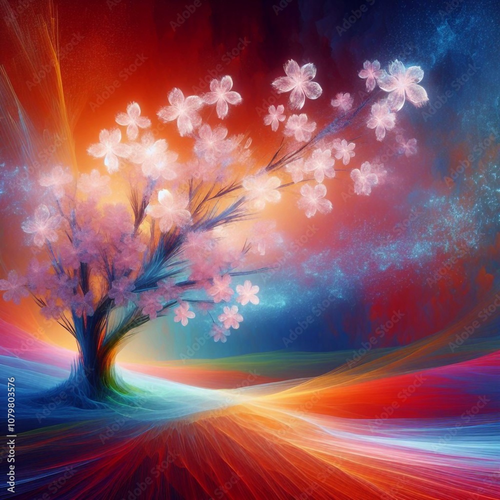 A tree with white blossoms in a magical landscape with swirling clouds. A tree with white blossoms in a magical landscape with swirling clouds.