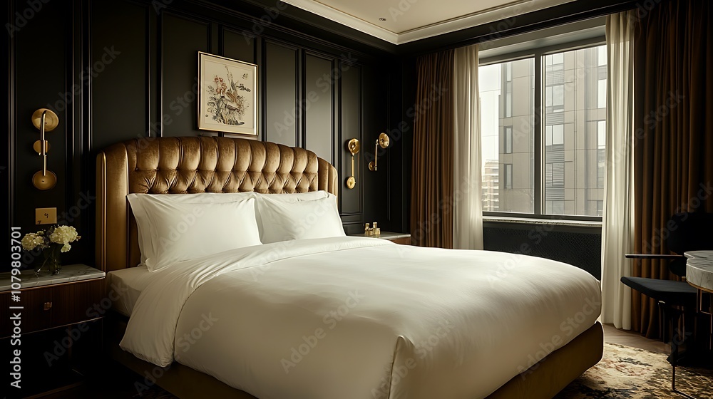 Obraz premium An elegant bedroom with luxurious silk bedding, a gold-accented headboard, marble nightstands, and soft, dim lighting, capturing a modern, refined atmosphere --ar 16:9