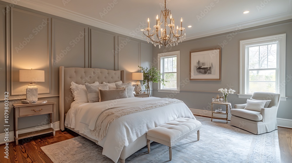 Fototapeta premium An elegant modern classic bedroom with soft gray walls, intricate crown molding, a stylish chandelier, and a cozy reading nook, combining traditional and contemporary touches --ar 16:9